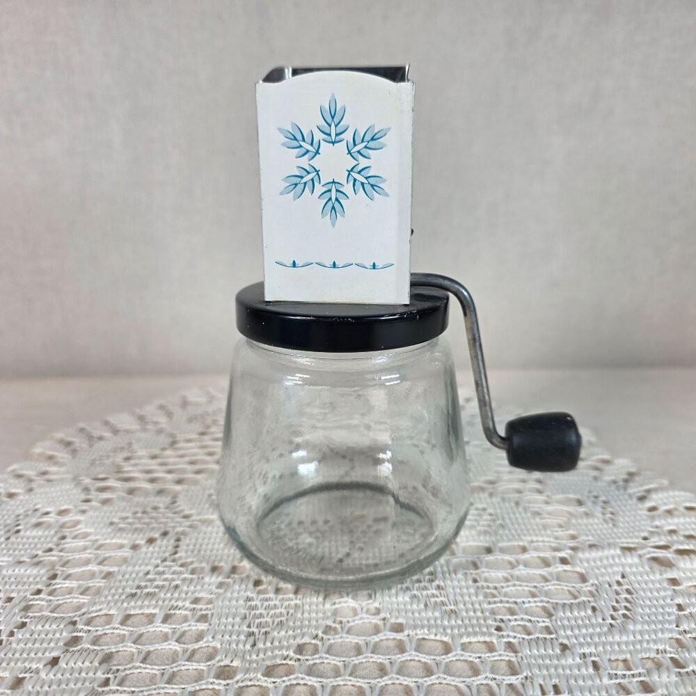 Vintage Androck Nut Grinder With Blue Snowflake Pattern Tin & Glass Made In USA